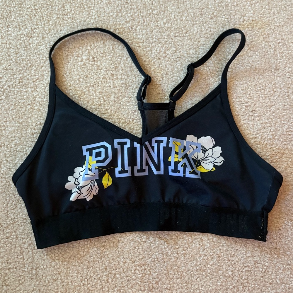 PINK Victoria's Secret Black Sports Bra with Floral Design